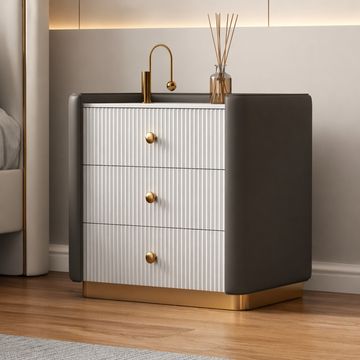 Madiega Furniture - Modern Fluted 3-Drawer Nightstand with Gold Base and Upholstered Frame