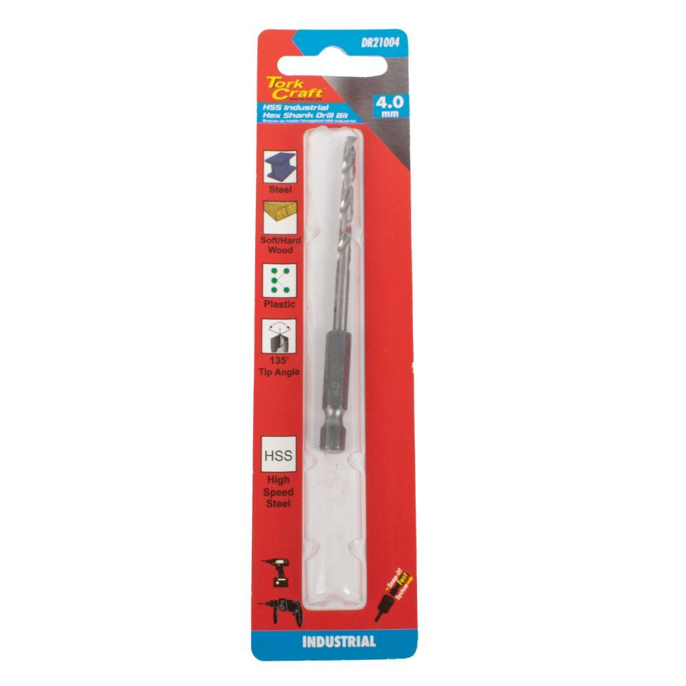 Tork Craft - Drill Bit Hss Industrial 4.0mm 135Deg Hex Shank - 4 Pack