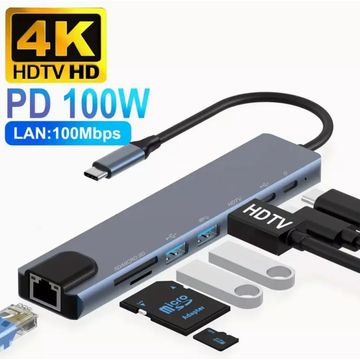 4K UltraHD 8 in 1 USB Type C Port Replicator | USB Docking Station | HDMI Video Output | Network Port