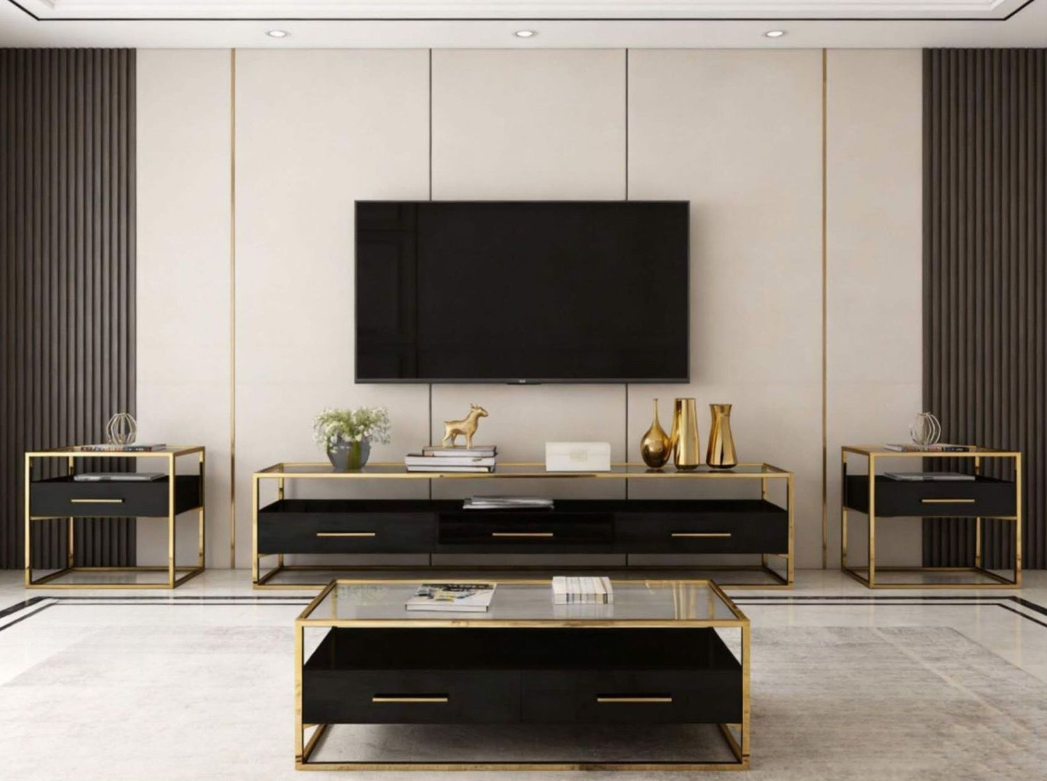 Aurelia Black & Gold Living Room Collection(TV Stand,Coffee Table,2 Side Tables)