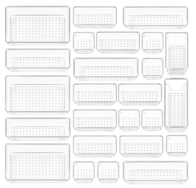 25 Pieces Clear Drawer Organizer Set Storage Bins Makeup Jewelry Office Gadgets