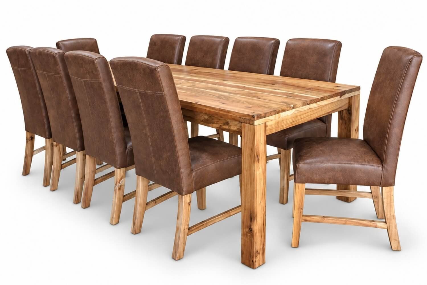 Primo Dining Set 11-Piece Solid Blackwood Table 2800mm x 1100mm x10 Primo Genuine Leather Dining Chairs (Brandy)