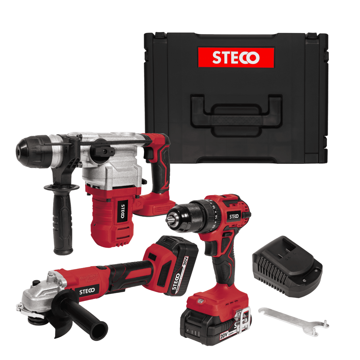 STECO 20V BRUSHLESS 6PC TOOL KIT - IMPACT DRILL, ANGLE GRINDER, ROTARY HAMMER, 2.4A FAST CHARGER, 2PC BATTS (1X 2AH & 1X 4AH) WITH BLOW MOULD CARRY CASE
