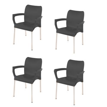 Heavy Duty Plastic Stacking Chair – Bistro Design with Armrests - Charcoal - Set of 4