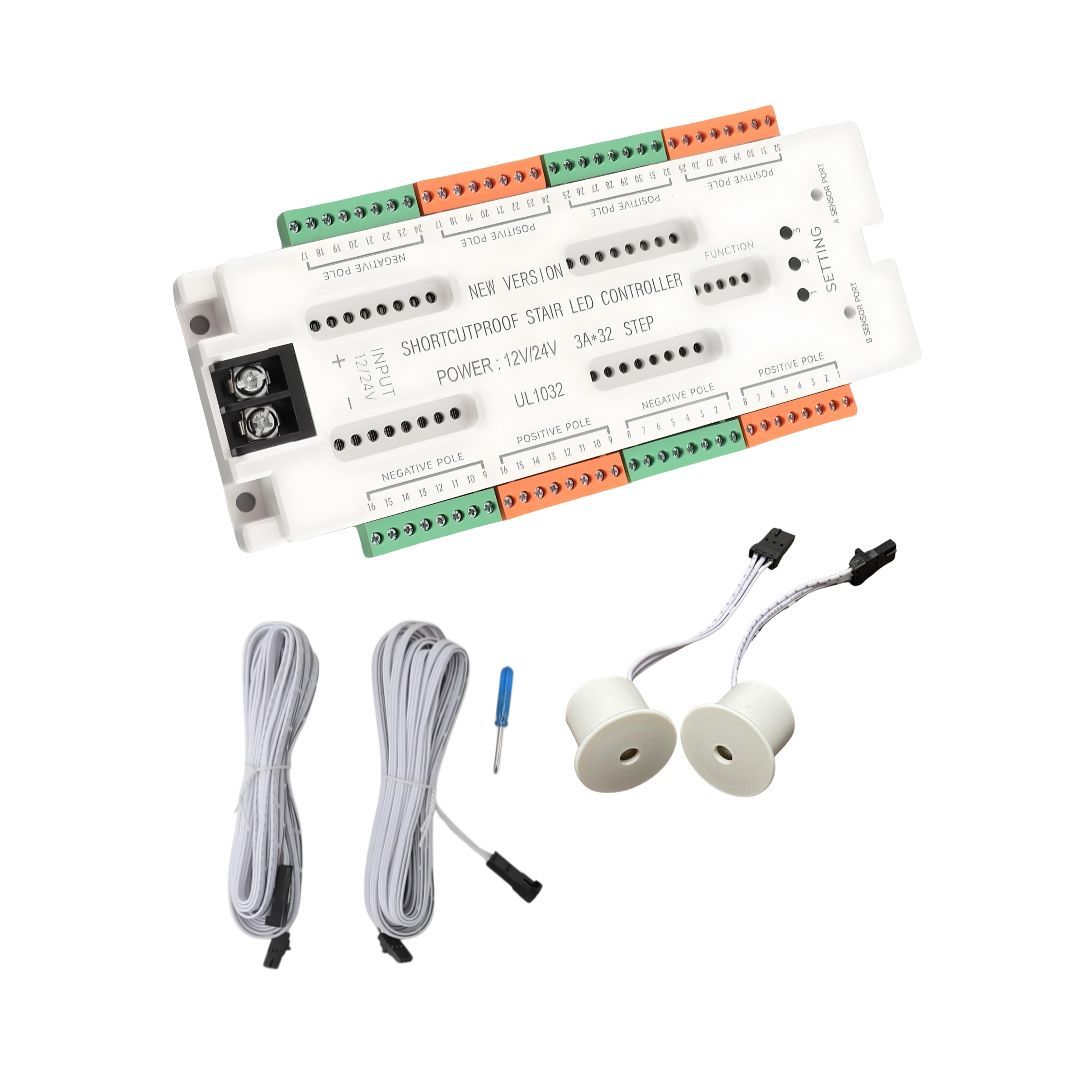 32 Channel Motion Sensor LED Stair Light Controller – Smart Cascading Staircase Lighting Automation 500w (DC12V–24V)