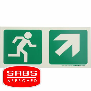 Photoluminescent 190MM Safety Sign - E11-Running Man+Diagonal Arrow Up And Right