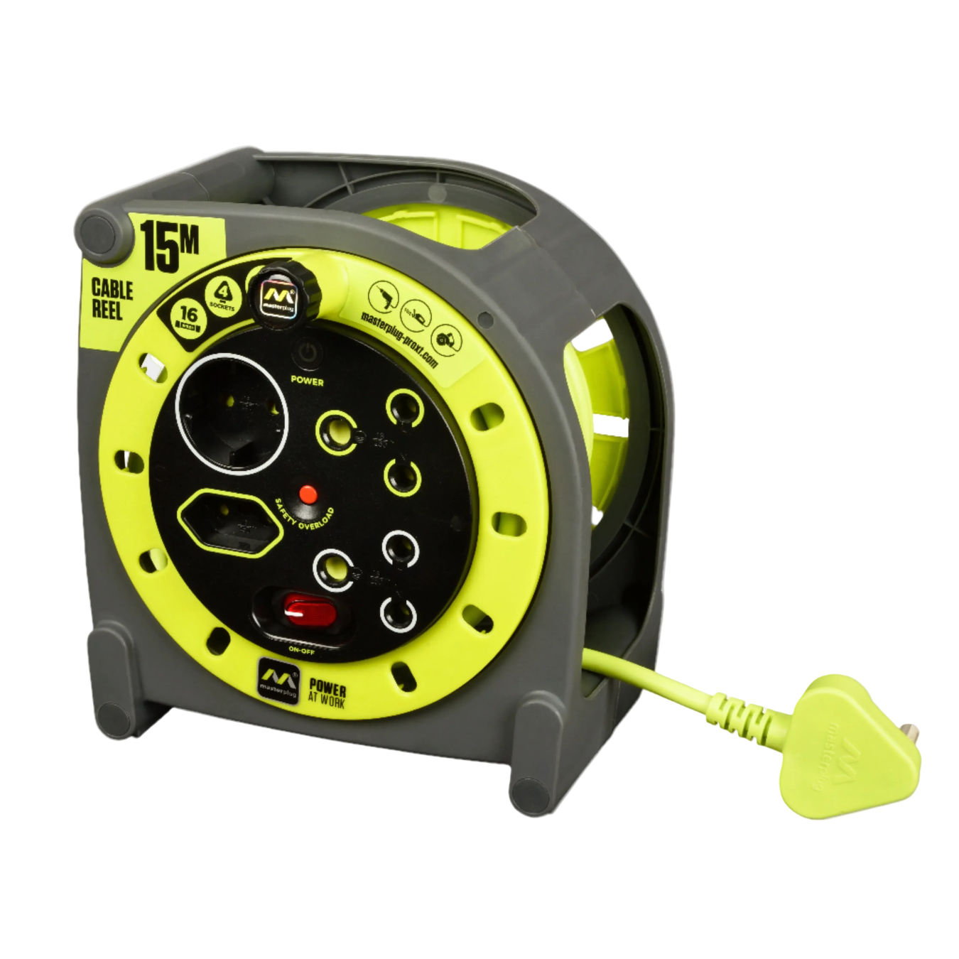 MASTERPLUG Pro-Xt Medium Duty 15m Extension Cable Reel - Closed - 4 Socket With LED Switch Thermal Cut Off Drum Wind Handle 1.5mm² High Viz Cable 5 Yr Warranty