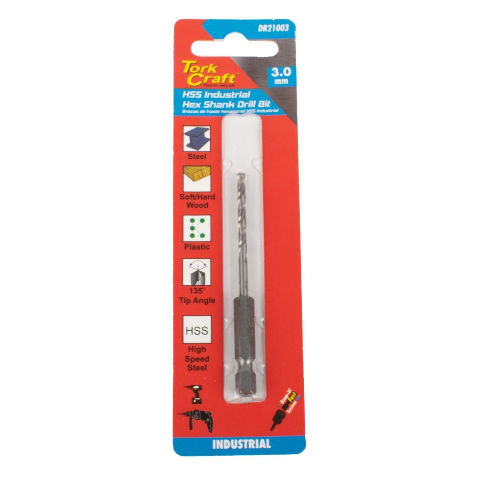 Tork Craft - Drill Bit Hss Industrial 3.0mm 135Deg Hex Shank - 24 Pack