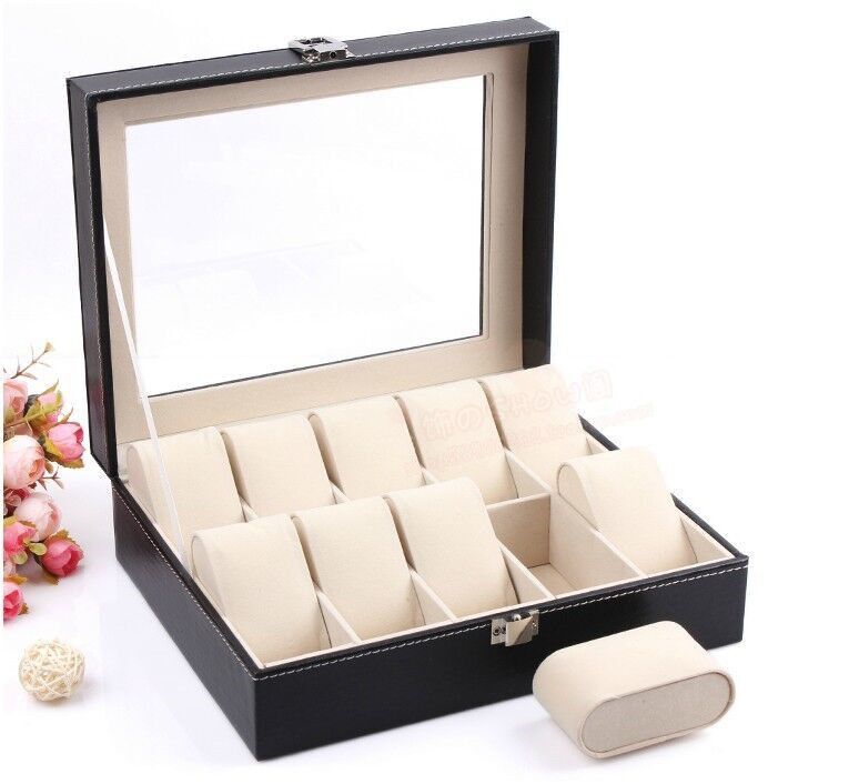 10 Compartment PU Leather Watch Display Box - Black