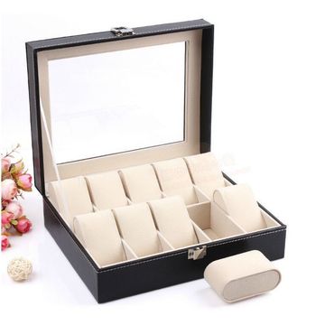 10 Compartment PU Leather Watch Display Box - Black