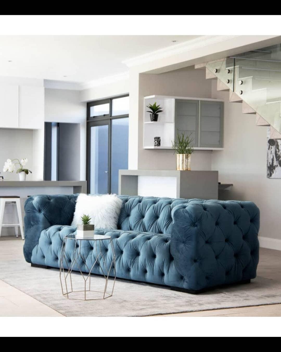 Fio Furniture Turquois Blue Velvet Tufted Button 3 Seater Couch - Grey