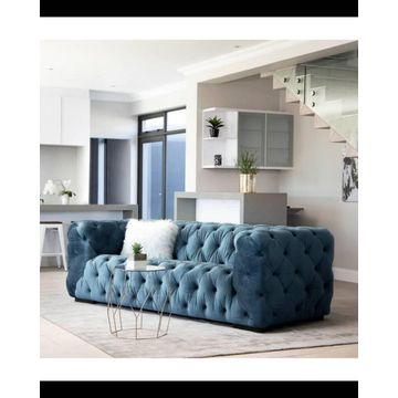 Fio Furniture Turquois Blue Velvet Tufted Button 3 Seater Couch - Grey
