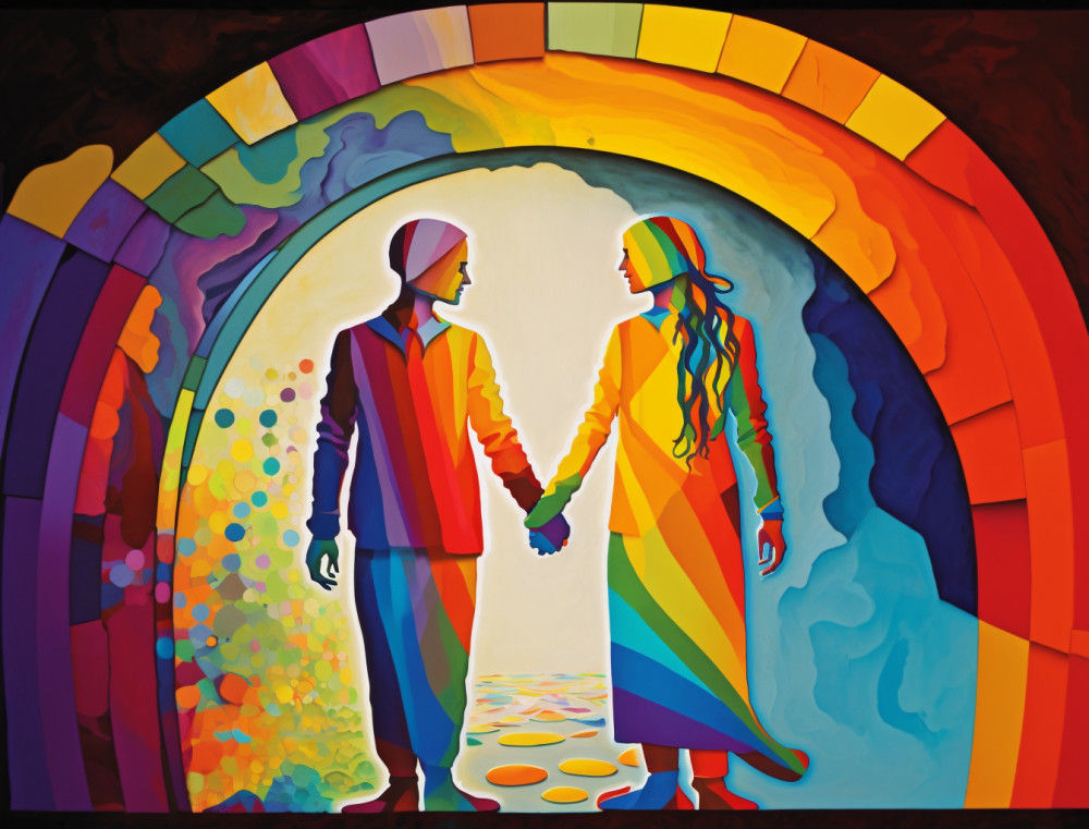 Canvas Wall Art - Rainbow Connecting Two Figures - B1383 - [120 x 80 cm]