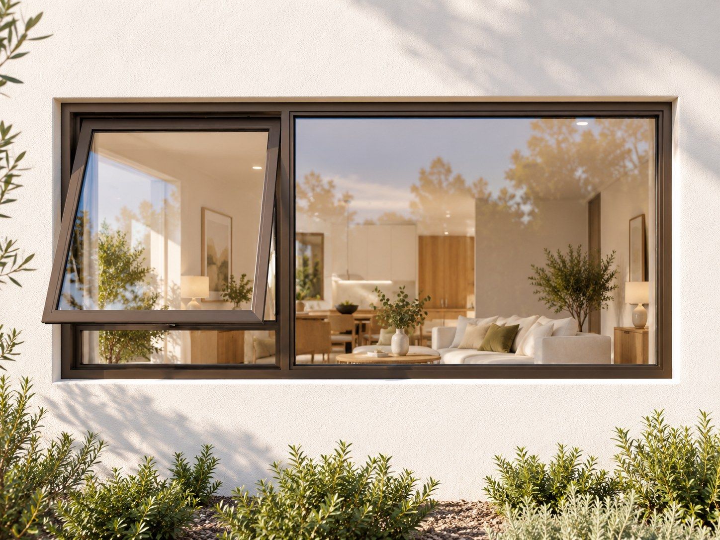 Kenzo Premium Top-Hung Aluminium Window - Bronze, 1800 600 mm, Left Upper Opener with Fixed Side Pane, Clear Glass