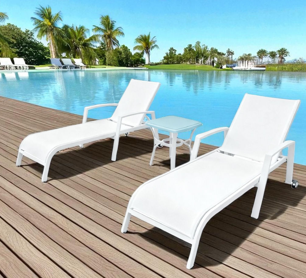 3pc White Aluminium Pool Lounger Set with Side Table