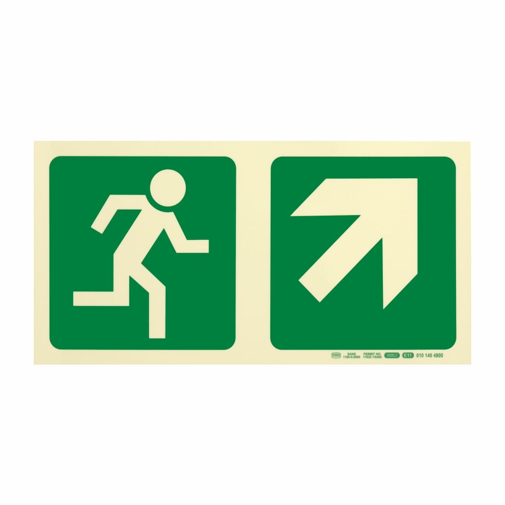 Photoluminescent 190MM Safety Sign - E11-Running ManDiagonal Arrow Up And Right