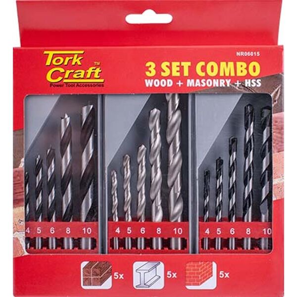 Drill Bit 3 Set Combo Wood + Masonry + Hss