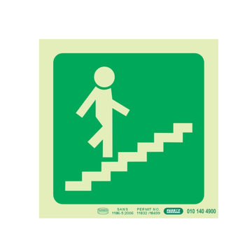 Photoluminescent 190MM Safety Sign - E8-Running Man On Stairs Going Up AND Right