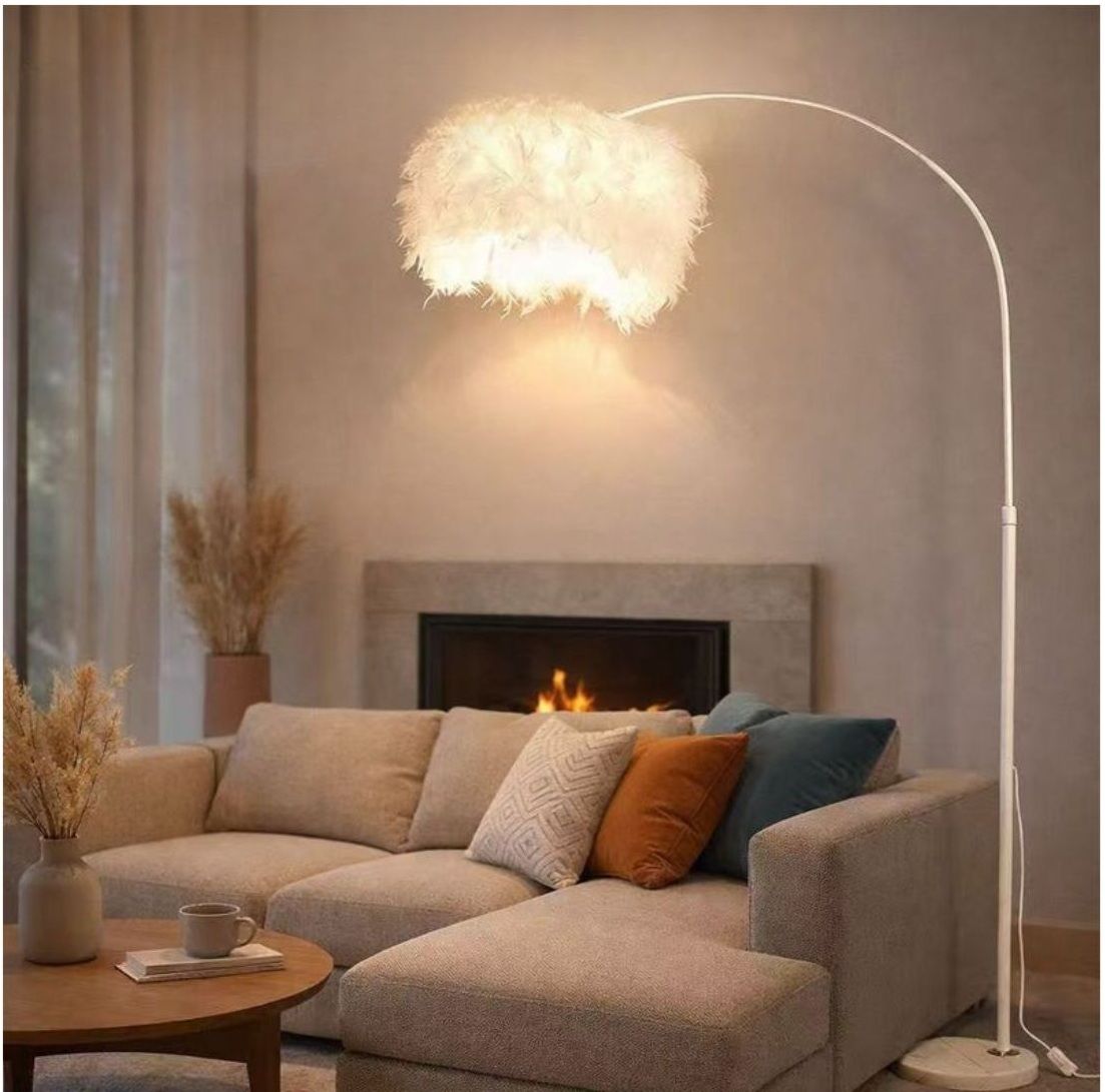 Arc Floor Lamp with White Feather Shade, Modern Standing Light, Adjustable Curved Design