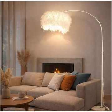 Arc Floor Lamp with White Feather Shade, Modern Standing Light, Adjustable Curved Design