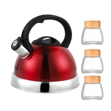 Ecco Stainless Steel Stove Top Whistling Kettle and 3 Glass Jar Combo - Red