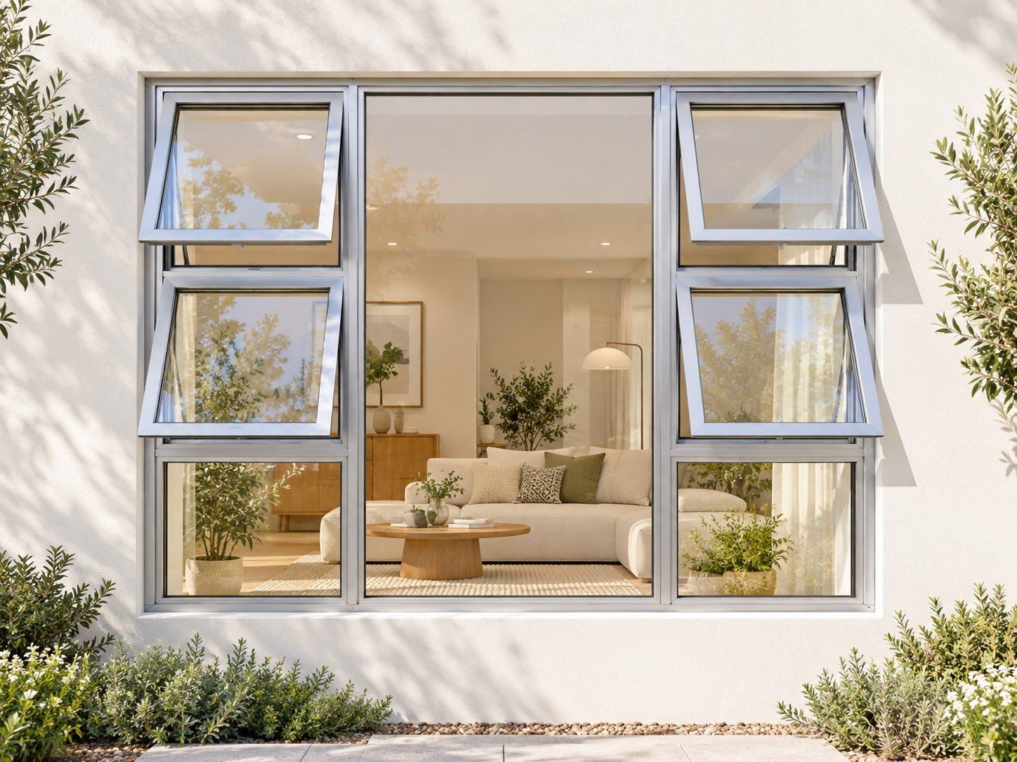 Kenzo Premium Top-Hung Aluminium Window - Silver, 2100 1800 mm, Four Openers with Fixed Centre and Lower Panes, Clear Glass