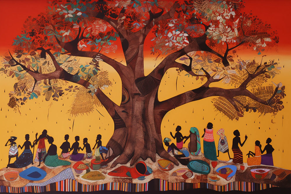 Canvas Wall Art - African Villagers Under a Tree - A1494 - [120 x 80 cm]