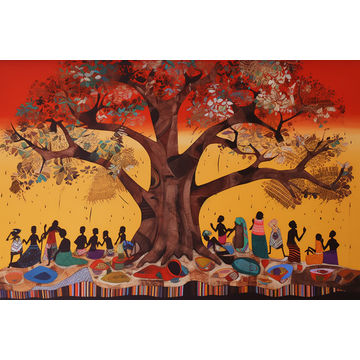 Canvas Wall Art - African Villagers Under a Tree - A1494 - [120 x 80 cm]