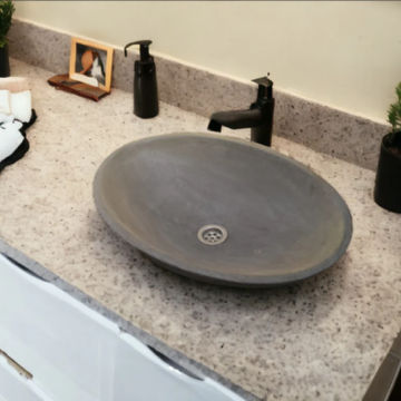 Charcoal Concrete Oval Basin 50x35x15cm - High Strength, Chip Resistant