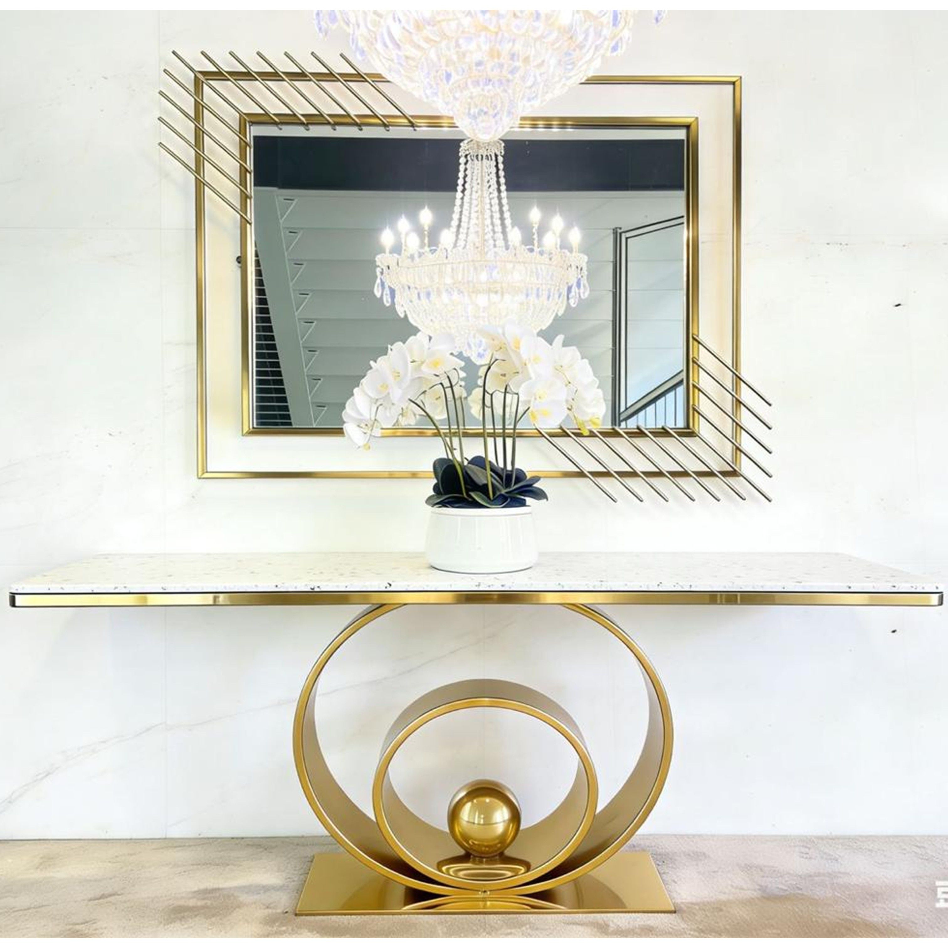 Madiega Furniture - Gold-Frame White Marble Console & Mirror Set