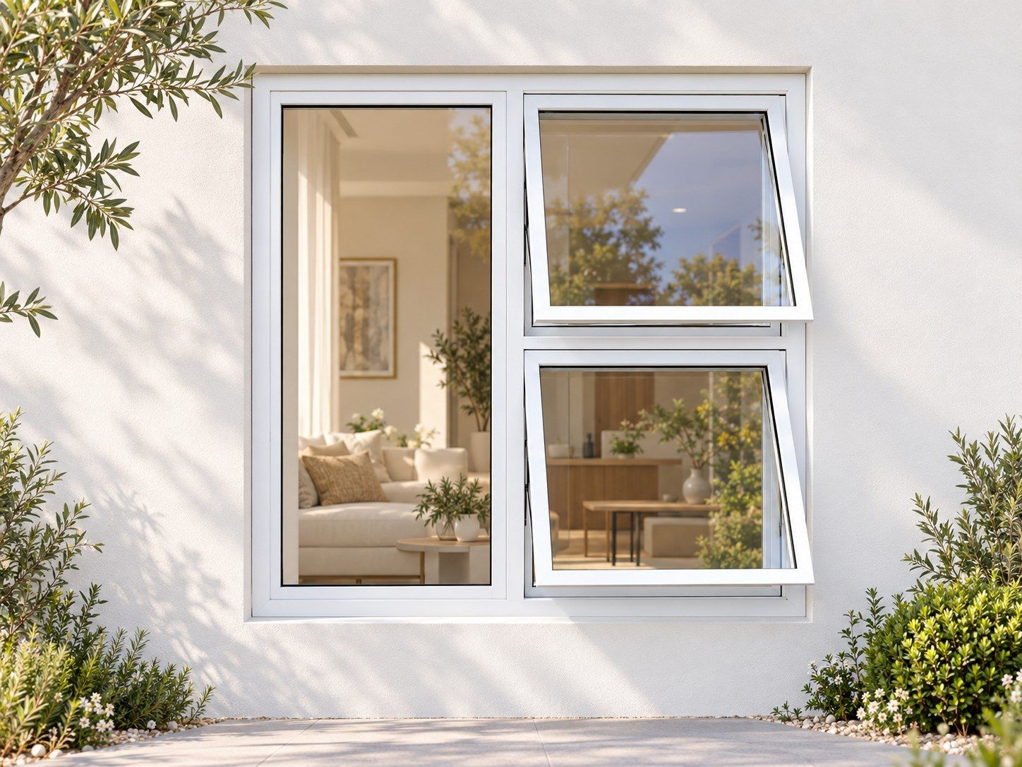 Kenzo Premium Top-Hung Aluminium Window - White, 1200 1200 mm, Right Two Openers with Fixed Side Pane, Clear Glass