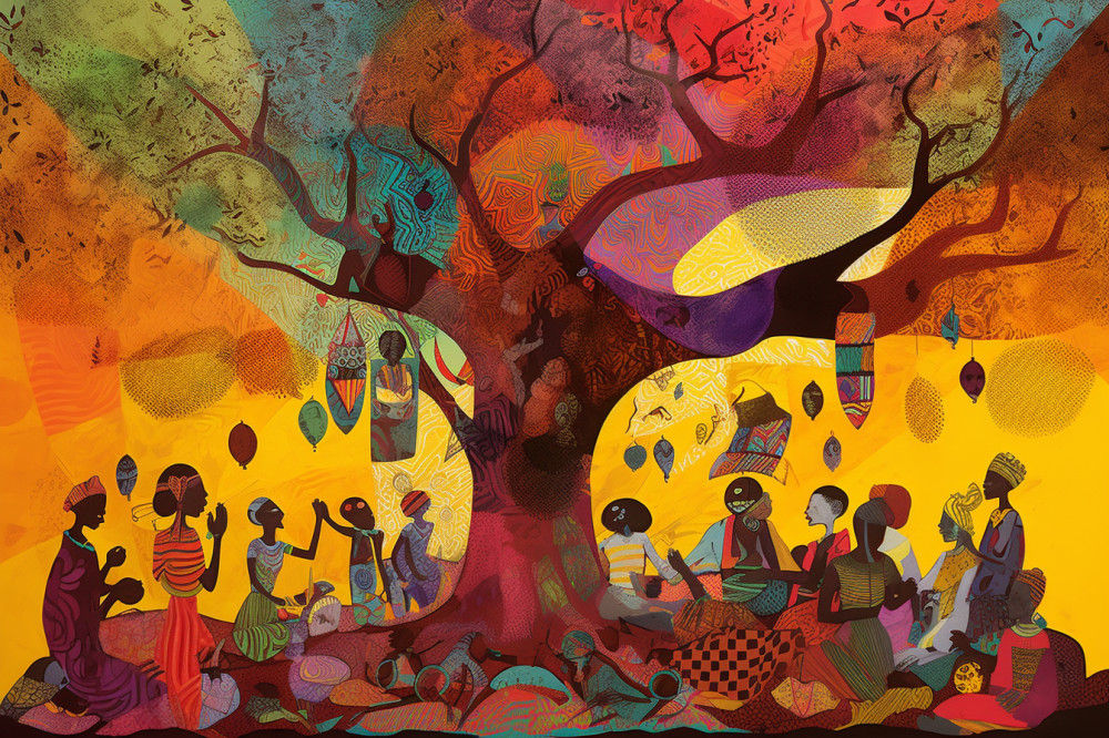 Canvas Wall Art - African Villagers Under a Tree - A1496 - [120 x 80 cm]