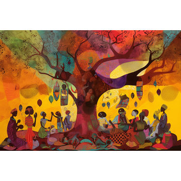 Canvas Wall Art - African Villagers Under a Tree - A1496 - [120 x 80 cm]