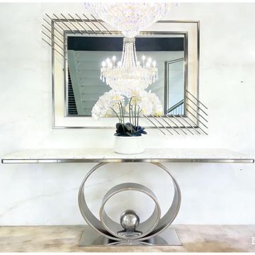 Madiega Furniture - Silver-Frame White Marble Console & Mirror Set