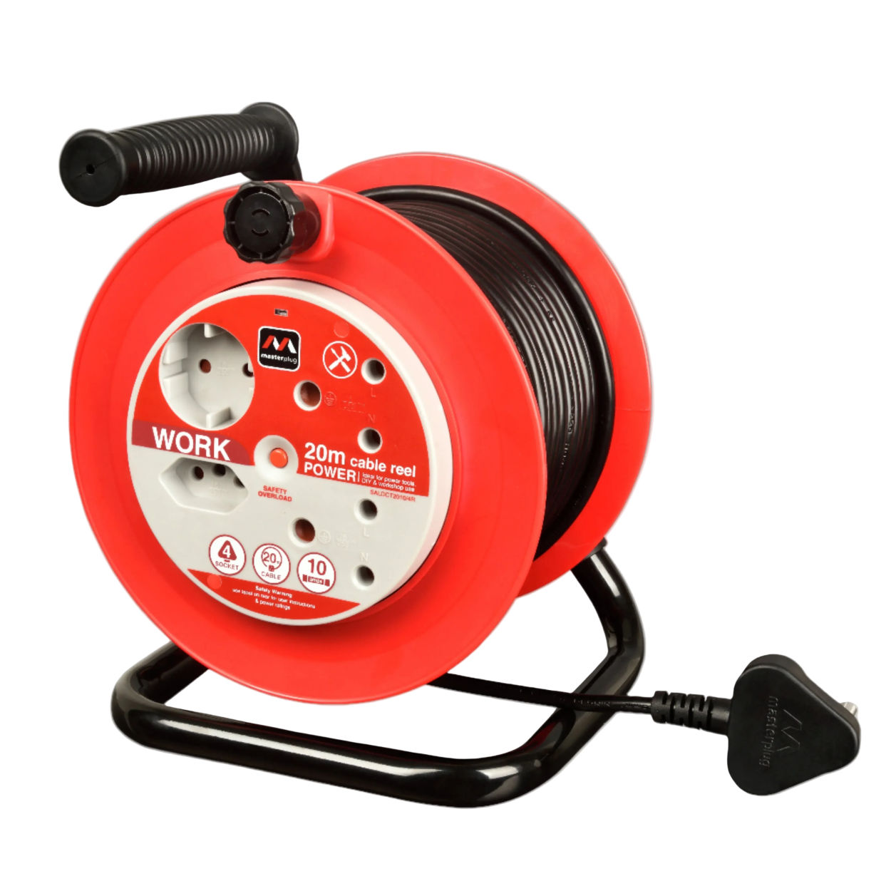 MASTERPLUG Pro-Xt Light Duty 20m Extension Cable Reel - Open - 4 Socket Without Switch Drum Wind Handle 1.5mm² cable 5 Yr Warranty