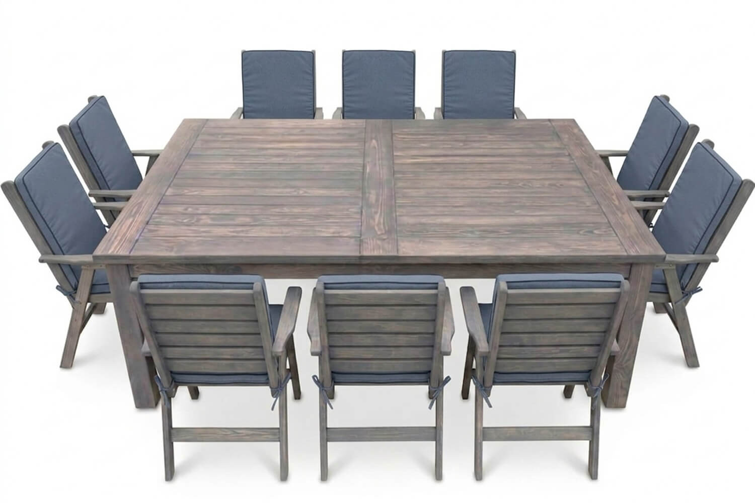 Aged Pine Patio Dining Set 10-Seater 240cm( x1 Table x10 Highback Chairs – x10 With Charcoal seat & back cushions)