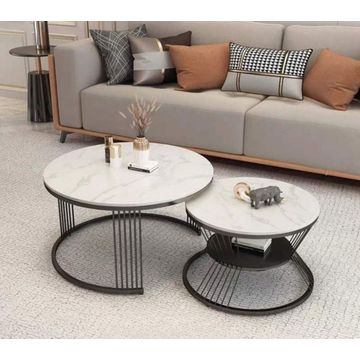 Set of 2 Round Coffee Tables – White & Black