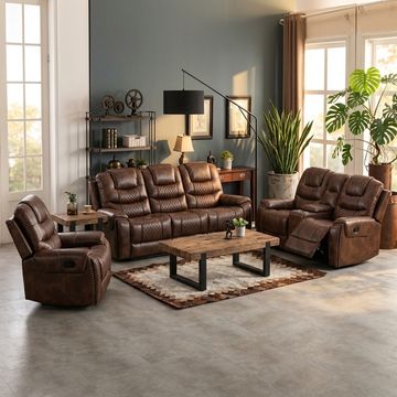 KC Furn- Luxury Brown Faux Leather Recliner Sofa Set (3 2 1)