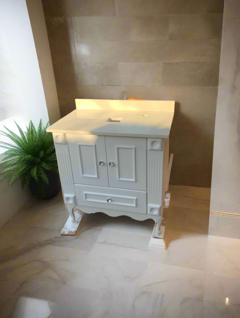 800mm White Vanity with White Sparkle Stone Top – Elegant Bathroom Unit with Crystal Knob Handles