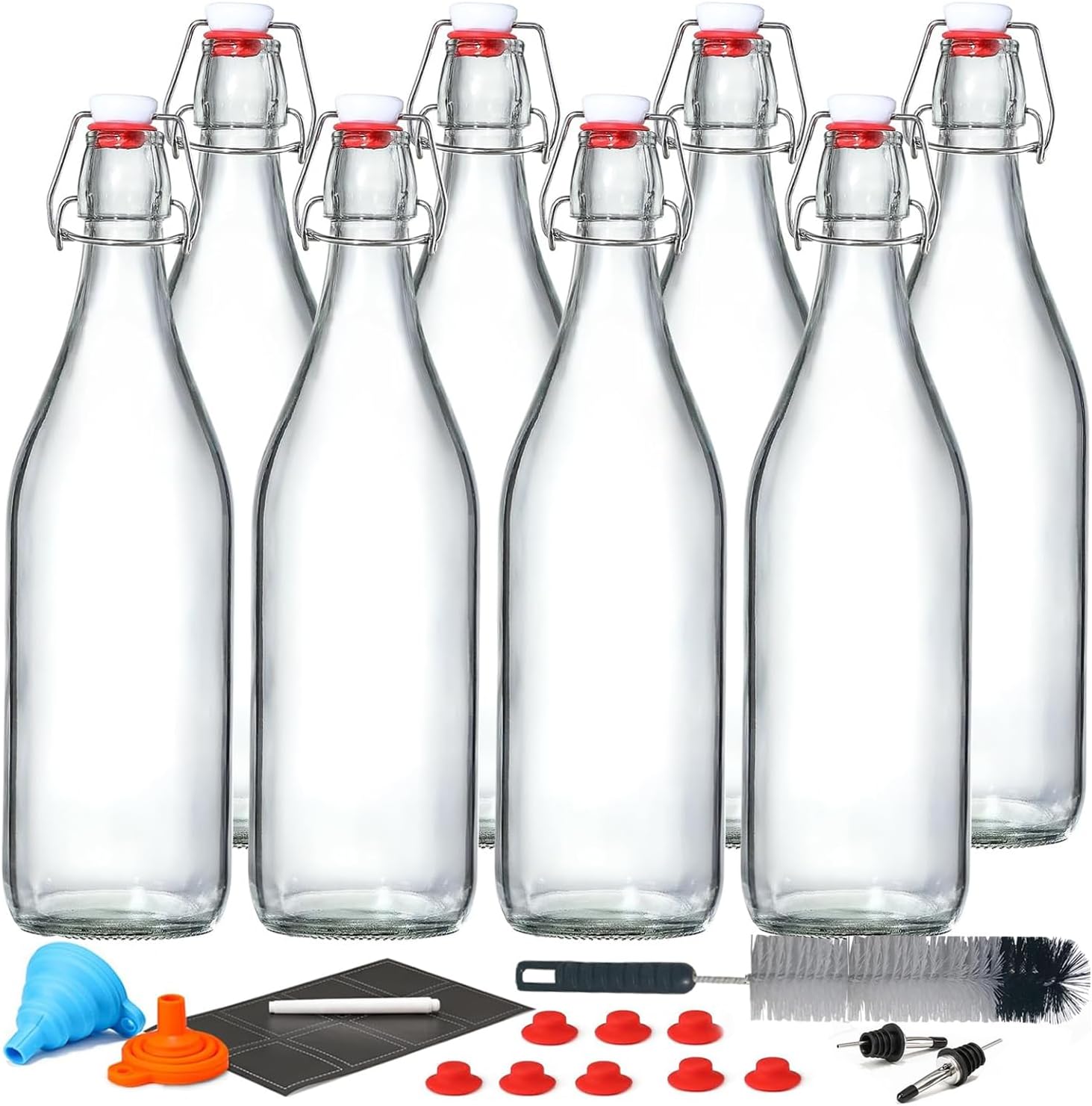 8 Pack 1L Swing Top Glass Bottles With Flip Top Lid 8 Extra Seals & Pourer