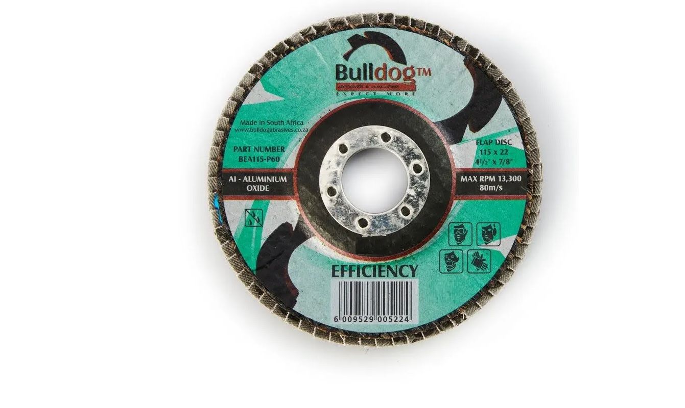 Bulldog Flap Disc, Efficiency, Angled, Alox, P120, 115mm x 22mm (4 pack) BY WOODLY
