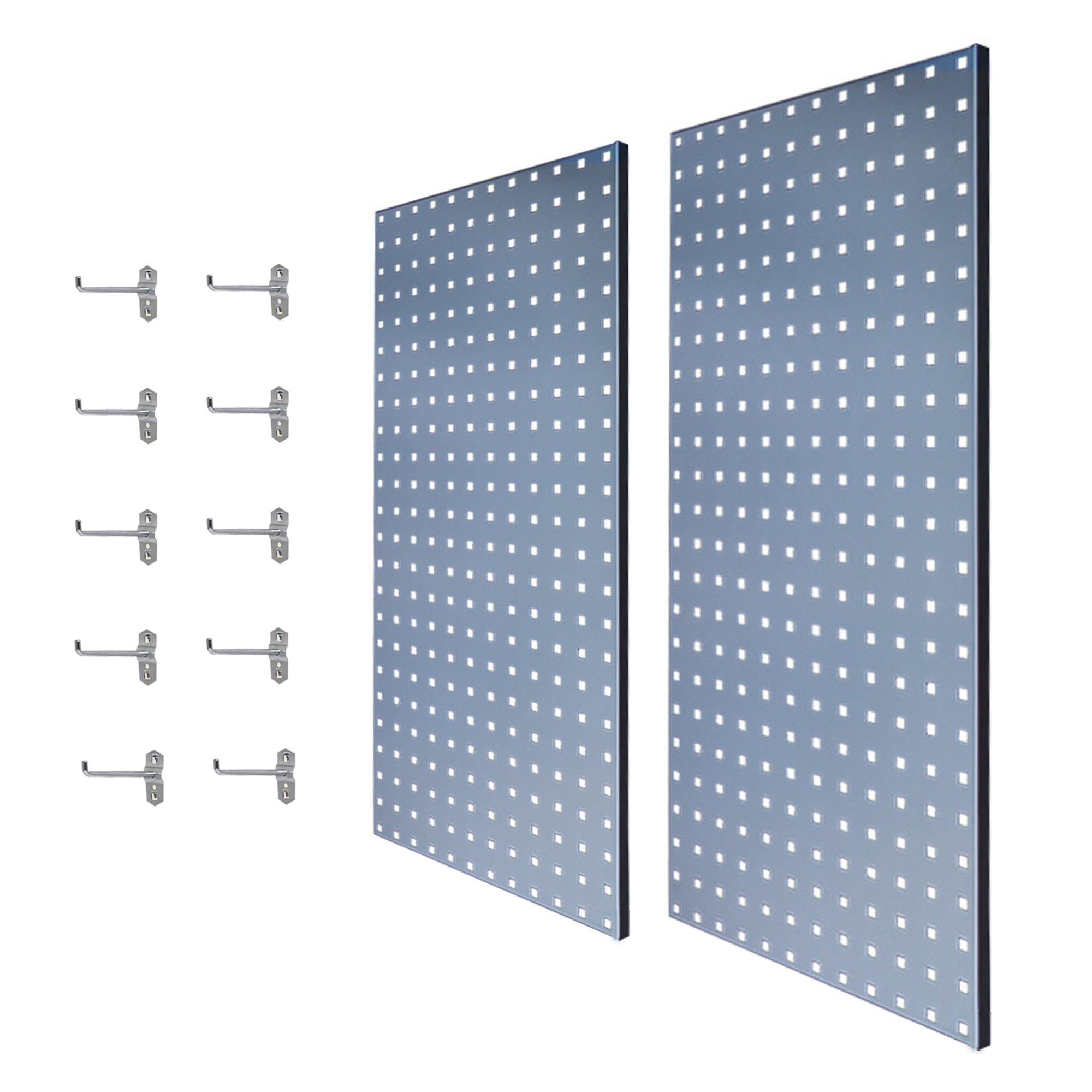 2Pcs Large Wall Mounted Steel Pegboard Panels & 10 Hooks Set- Grey