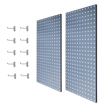 2Pcs Large Wall Mounted Steel Pegboard Panels & 10 Hooks Set- Grey