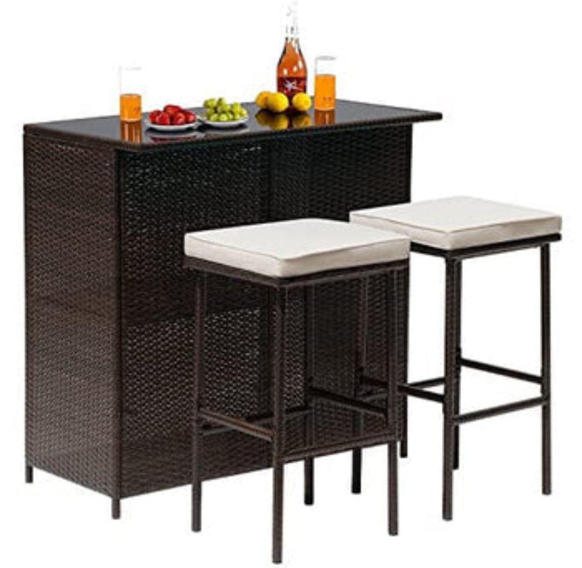3pc Wicker Outdoor Patio Bar Set with Glass Top & Beige Cushions