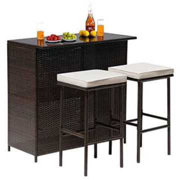 3pc Wicker Outdoor Patio Bar Set with Glass Top & Beige Cushions
