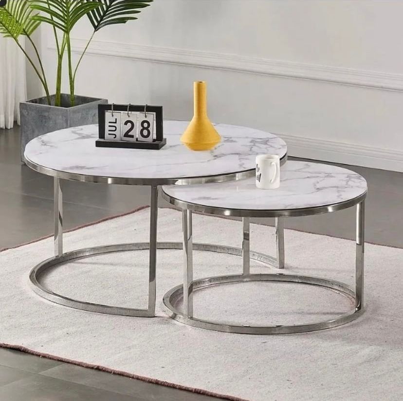KC FURN-Accent Marble Top Nesting Tables with Silver Frame