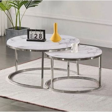 KC FURN-Accent Marble Top Nesting Tables with Silver Frame