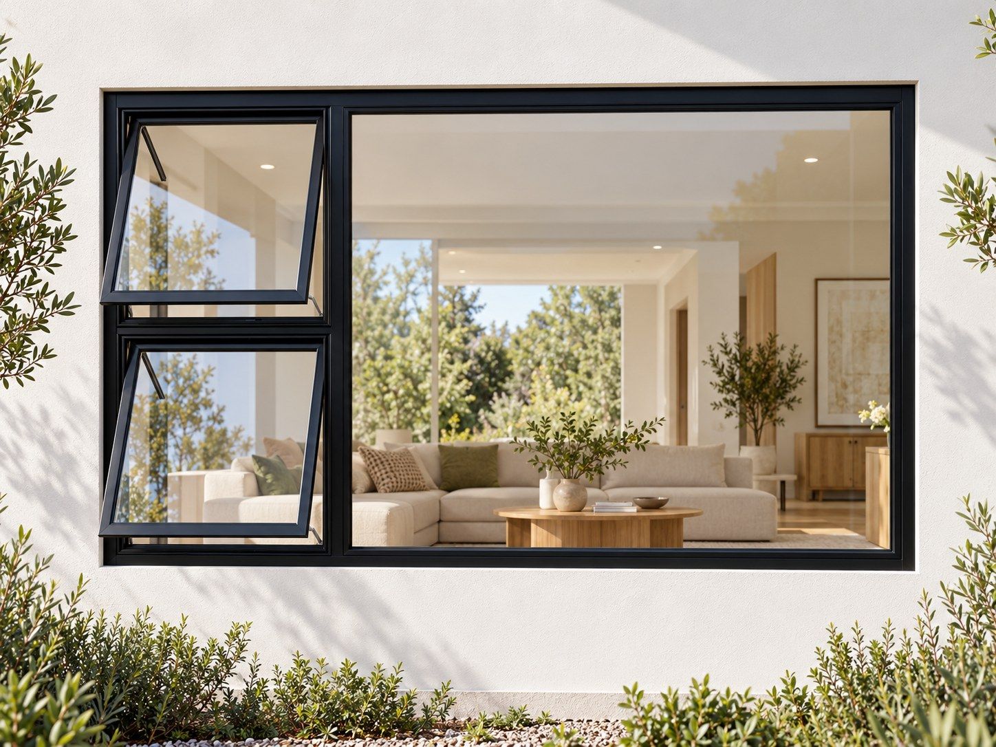 Kenzo Premium Top-Hung Aluminium Window - Black, 2400 1200 mm, Left Two Openers with Fixed Side Pane, Clear Glass