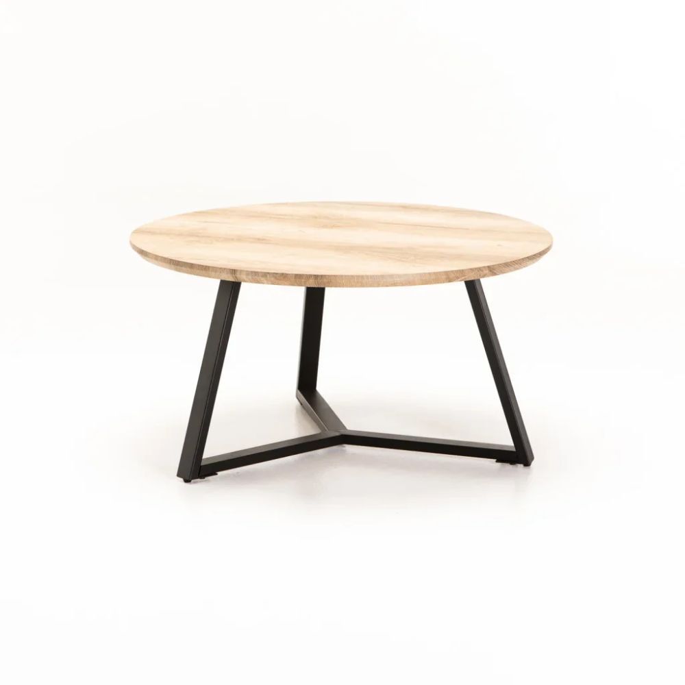 Poppy 80 cm Round Coffee Table – Oak, MDF Top with Black Metal Legs