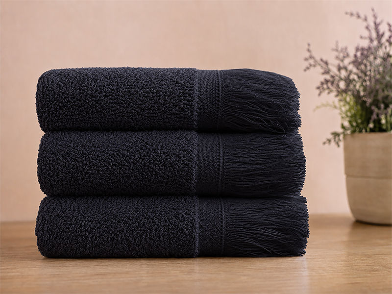 Plush 380 GSM Terry Fringe Guest Towel - Jet Black(3Pc Pack)